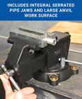 Rock Solid Five Inch Workbench Vise With Knockout Grip Smooth Non Marring Jaws And Heavy Duty Locking Mechanism for clamping with serrated pipe jaws.