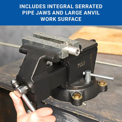 Rock Solid Five Inch Workbench Vise With Knockout Grip Smooth Non Marring Jaws And Heavy Duty Locking Mechanism for clamping with serrated pipe jaws.