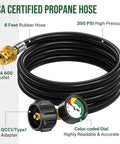8Ft Propane Hose Adapter With Gauge 1Lb To 20Lb Tank Conversion Hose for Propane Grills and Heaters, showing coiled black hose.