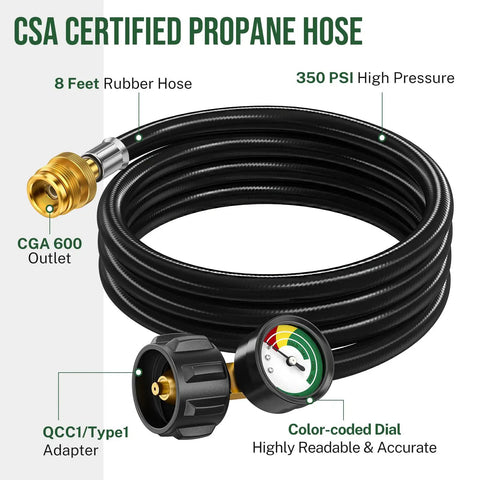 8Ft Propane Hose Adapter With Gauge 1Lb To 20Lb Tank Conversion Hose for Propane Grills and Heaters, showing coiled black hose.
