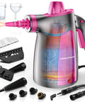 Heavy Duty Pressurized Handheld Steam Cleaner With 12 Piece Attachment Kit showing the steamer and various attachments for deep cleaning.
