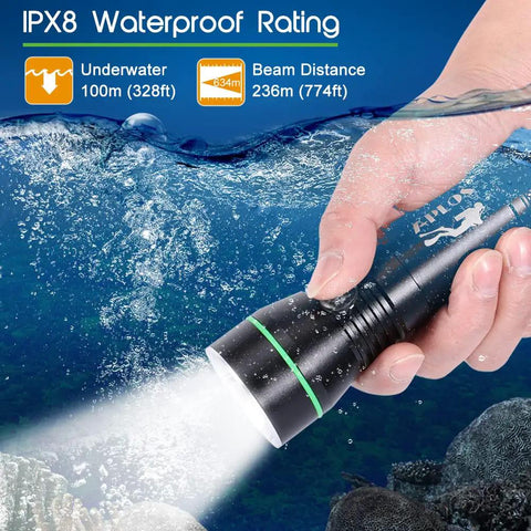 Hand holding Beast 3000 Lumen Dive Light with 3 modes underwater showing IPX8 waterproof capability and beam lighting coral.