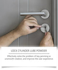 Person using Graphite Powder Lubricant For Locks Hinges And Tools One Ounce Sixty Milliliters Ultra Fine Dry Film Lube on door lock