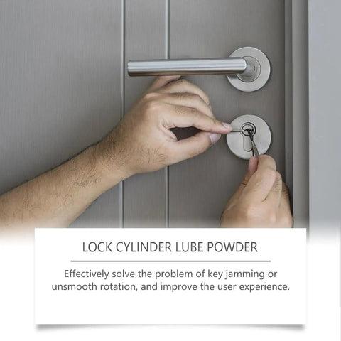 Person using Graphite Powder Lubricant For Locks Hinges And Tools One Ounce Sixty Milliliters Ultra Fine Dry Film Lube on door lock