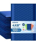 Blue 4x8 Bubble Mailers 100 Pack Self Seal Padded Envelopes Usable 4x7 Inner Size displayed in a stack with package label