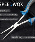 Long Reach Needle Nose Pliers Seven Inches Slim Extra Long Nose Pliers For Jewelry Making Wire Bending Small Object Gripping And Crafting With Smooth Jaws showing smooth jaws and ergonomic handles
