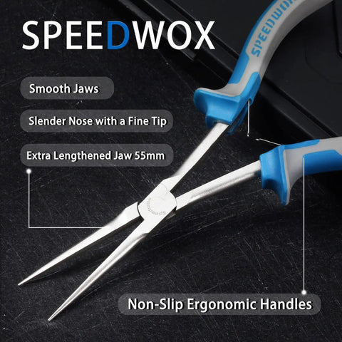 Long Reach Needle Nose Pliers Seven Inches Slim Extra Long Nose Pliers For Jewelry Making Wire Bending Small Object Gripping And Crafting With Smooth Jaws showing smooth jaws and ergonomic handles