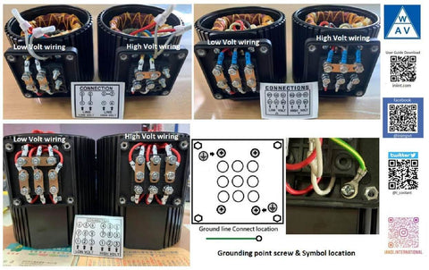 Two black metal coolant pump units for machine tools showing low and high voltage wiring terminal blocks and diagram.