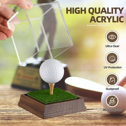 Hole In One Golf Ball Display Case With Realistic Turf Base And Walnut Wood Stand Clear Acrylic Ball Box lifted