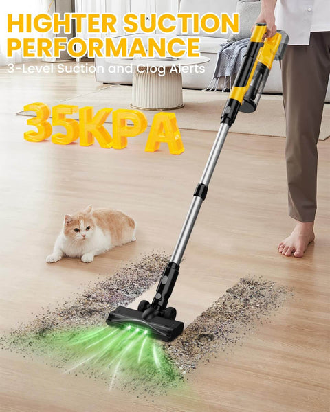 Cordless Vacuum Cleaner For Dewalt 20V Battery Compatible 7 In 1 Lightweight Stick Vacuum With HEPA Filter 350W Brushless Motor 35KPa Suction 3 Modes For Carpet Floor And Car Battery Not Included in use on a carpeted floor with high suction performance.
