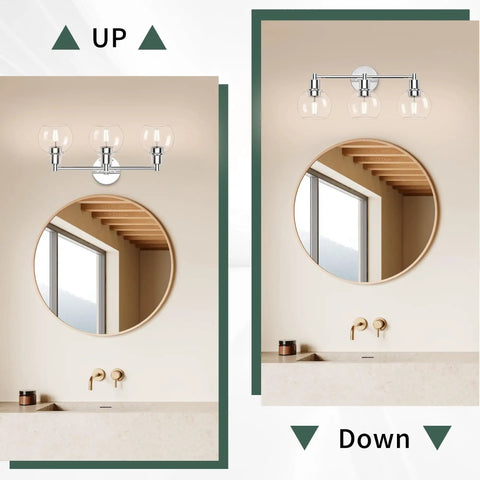 Three Light Chrome Vanity Light Fixture For Bathroom Over Mirror, Industrial Farmhouse Globe Wall Sconce in polished chrome