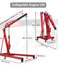 Heavy Duty Two Ton Folding Engine Hoist with Six Swivel Caster Wheels, 57" height, red steel, collapsible design for workshops.