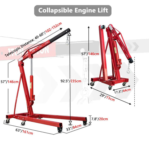 Heavy Duty Two Ton Folding Engine Hoist with Six Swivel Caster Wheels, 57" height, red steel, collapsible design for workshops.