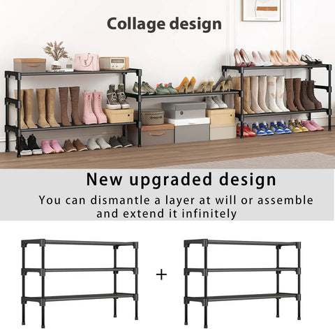 Three Tier Shoe Rack For Closet Front Door Entryway And Garage, Stackable Freestanding And Freely Combinable Shoe Storage in collage design