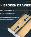 Heavy Duty Drawer Repair Kit 4 Pack For Sagging Drawer Bottoms with high-tension strapping displayed in a diagram of drawer setup.