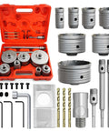 METOTY 22PCS concrete hole saw kit in red case; silver alloy-steel hole saws 30–110mm with arbors and wrenches.