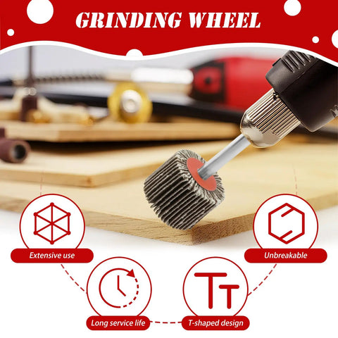 60 Piece Sandpaper Flap Wheel Kit With 80 Grit Flap Wheels And Quarter Inch Shank For Drill Use shown in workshop setting.