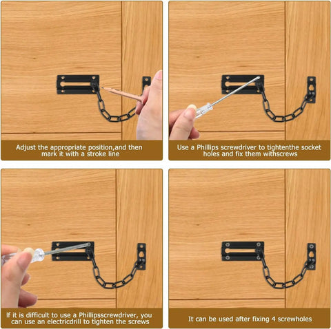 Steps to install Heavy Duty Metal Door Chain Locks Kit With Six Screws For Inside And Front Doors Sturdy Door Guard With Lock.