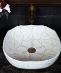 USZWBY Vessel Sinks Vessel Sink Square Vintage Hand Carved Lotus Pattern Countertop Ceramic Bathroom Art Basin Bathroom Bowl Sink in elegant bathroom setting.