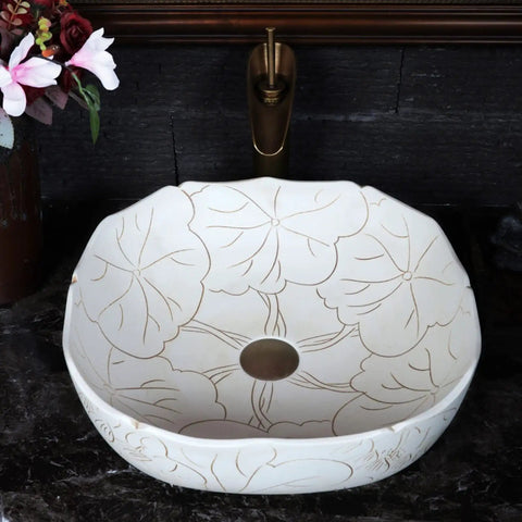 USZWBY Vessel Sinks Vessel Sink Square Vintage Hand Carved Lotus Pattern Countertop Ceramic Bathroom Art Basin Bathroom Bowl Sink in elegant bathroom setting.