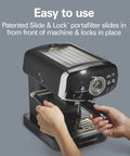 Slide And Lock Espresso Machine With Built In Milk Frother Steam Wand 15 Bar Pump Compact Countertop Coffee Maker Smooth Operator Easy portafilter use.