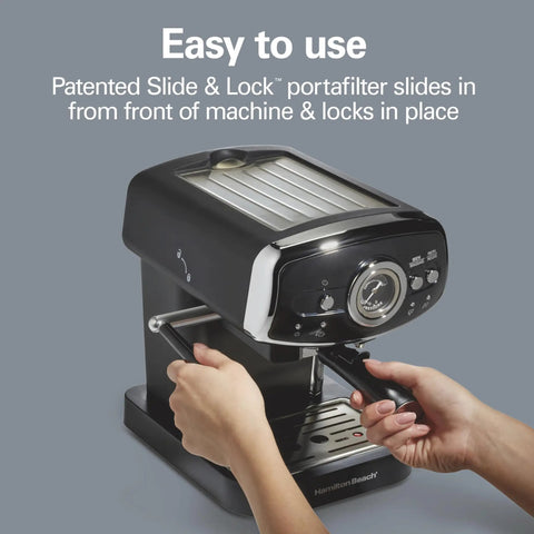 Slide And Lock Espresso Machine With Built In Milk Frother Steam Wand 15 Bar Pump Compact Countertop Coffee Maker Smooth Operator Easy portafilter use.