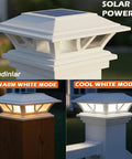 Lit 4 Pack Solar Post Cap Lights for 4x4 5x5 6x6 Posts in Warm and Cool White Modes on outdoor deck fence railings