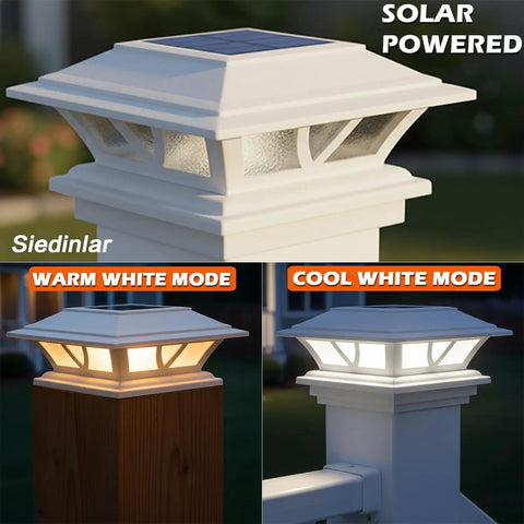 Lit 4 Pack Solar Post Cap Lights for 4x4 5x5 6x6 Posts in Warm and Cool White Modes on outdoor deck fence railings