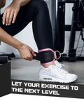 Heavy Duty Ankle Straps For Cable Machines Secure Fit Glute Kickback Cuffs attached to leg with steel rings and pink cushioning.
