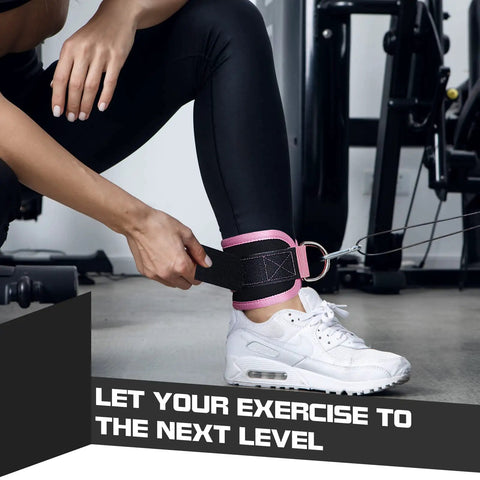 Heavy Duty Ankle Straps For Cable Machines Secure Fit Glute Kickback Cuffs attached to leg with steel rings and pink cushioning.