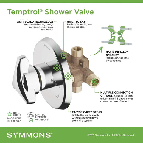 Diagram of Temptrol Brass Pressure-Balancing Tub And Shower Valve With Service Stops Rapid Install Bracket Anti-Scald Safety Valve
