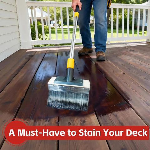 Applying stain on deck with 7 Inch Deck Stain Brush For Outdoor Wood Projects With Wide Coverage Pro Grade Ferrule