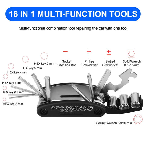 16-in-1 multi-tool from the All In One Bicycle Tire Repair Kit With Portable Pump Patch Kit Levers Wrench Chain Tool And 16 In 1 Multi Tool