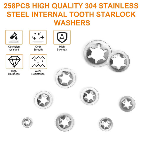 Image of Internal Tooth Star Lock Washers Kit Pack With 258 Pieces In 8 Sizes M2.5 To M12 304 Stainless Steel Quick Lock Washers.