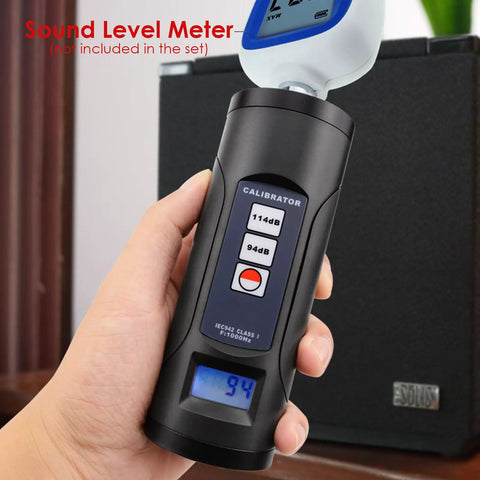 Person using Pro Grade Digital Sound Level Meter Calibrator For Half Inch And 1 Inch Microphones, 94dB And 114dB Calibration Tool