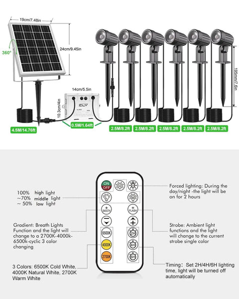 Six In One Solar Spotlight Kit for Landscape and Garden IP66 Waterproof Outdoor Lighting with remote and 18M cable display