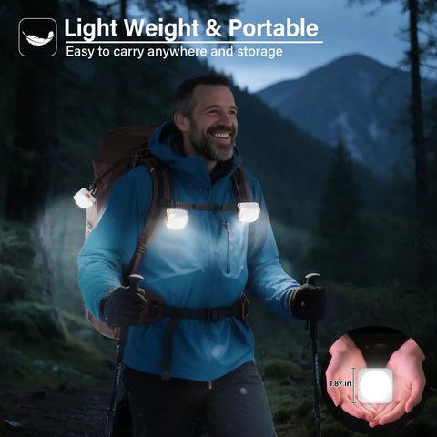 Man hiking with backpack wearing Rechargeable Tent Lights 2 Pack Portable LED Camping Lanterns With 510 Lumens Bright White Beam.