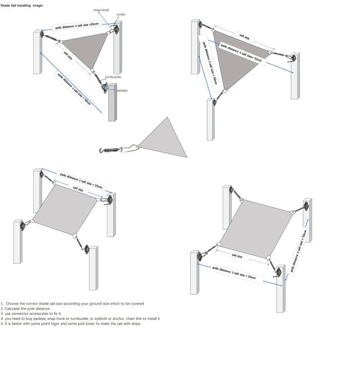 Diagram showing installation of Sand Color 14 Ft Triangle Sun Shade Sail Canopy for Garden Deck with reinforced corners and steel fittings.