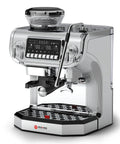 Top Shelf Semi Automatic Espresso Machine With Built In Grinder And Milk Frother, sleek chrome finish, digital interface, for home coffee brewing.
