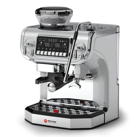 Top Shelf Semi Automatic Espresso Machine With Built In Grinder And Milk Frother, sleek chrome finish, digital interface, for home coffee brewing.