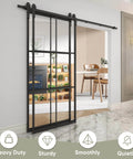 Bypass Double Glass Barn Door 84 By 84 Inches With 7.5 Foot Side Mounted Hardware Kit installed in living room view.