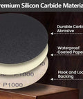 Get Ready To Polish Like A Pro With This Awesome 50 Piece 5 Inch Hook Loop Sanding Disc Kit Featuring 1000 To 5000 Grit Silicon Carbide Wet Dry Sandpaper For Smooth And Shiny Auto Body Work Results showing premium silicon carbide materials with durable abrasive and waterproof paper.