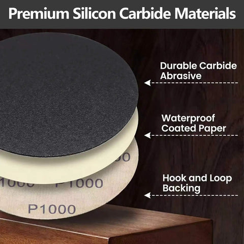 Get Ready To Polish Like A Pro With This Awesome 50 Piece 5 Inch Hook Loop Sanding Disc Kit Featuring 1000 To 5000 Grit Silicon Carbide Wet Dry Sandpaper For Smooth And Shiny Auto Body Work Results showing premium silicon carbide materials with durable abrasive and waterproof paper.