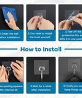 Installation steps for Heavy Duty Adhesive Wall Hooks 22Lb Max Hold Coat And Towel Hangers 20 Pack Transparent Sticky Wall Hangers.