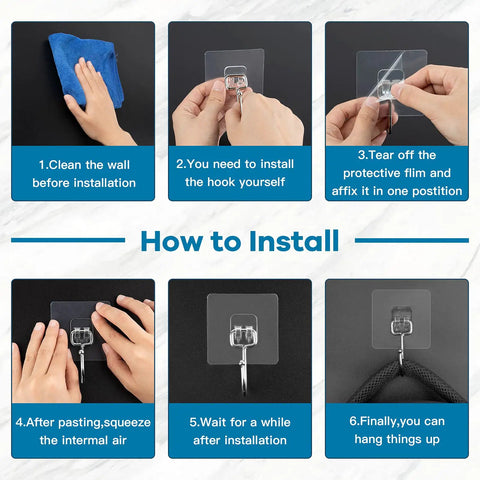 Installation steps for Heavy Duty Adhesive Wall Hooks 22Lb Max Hold Coat And Towel Hangers 20 Pack Transparent Sticky Wall Hangers.