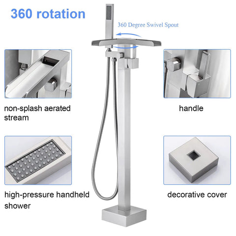 Freestanding Bathtub Faucet Floor Standing Waterfall Filler Brass One-Handle Bath Faucet With Hand Shower Brushed Nickel Finish