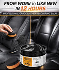 Leather Recoloring Balm 3.53 Oz Quick Dry Repair Cream for furniture couches and car seats, shown repairing black leather car seat