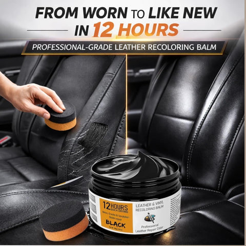Leather Recoloring Balm 3.53 Oz Quick Dry Repair Cream for furniture couches and car seats, shown repairing black leather car seat