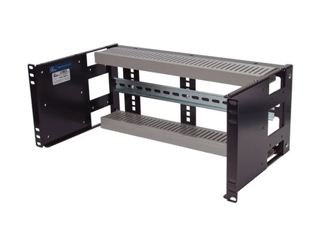 Heavy Duty 4U Rackmount Din Rail Panel With Adjustable Depth 14 Gauge Steel, showing sturdy design for standard 19 inch server racks.