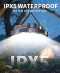 Ultra Bright Portable Camping Lantern With 5000 Lumen Led Light, 30W Power, hanging in rain demonstrating IPX5 waterproof